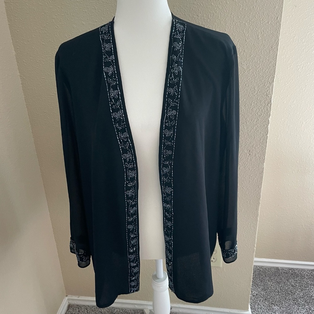 R&M Richards Sheer Black Beaded Chiffon Evening Cardigan Jacket